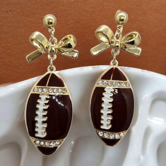 Rhinestone Football Earrings Women's Brown Enamel Gold Dangle Jewelry Pierced - Picture 4 of 7